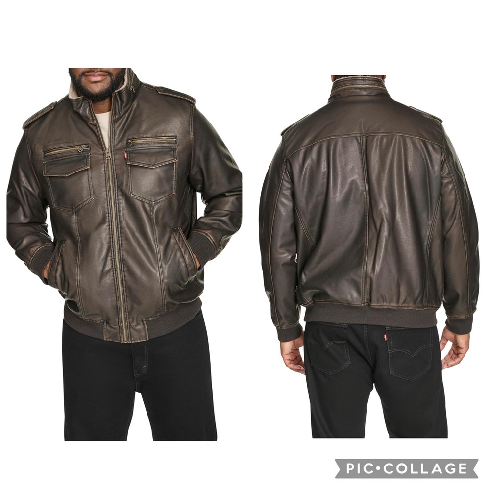 Levi's Dark Brown Faux Leather Sherpa Lined Bomber Biker Jacket Size Small - Picture 3 of 14